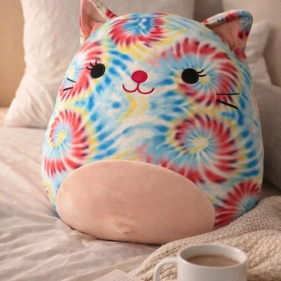 Squishmallows Tie Dye Cat Plush Large Kellytoy Rainbow Pastel Kawaii Pillow - Picture 2 of 9